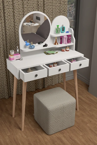 BAGAX Ahşap Ayaklı Modern Makyaj Masası Çekmeceli Büyük - Resim 3