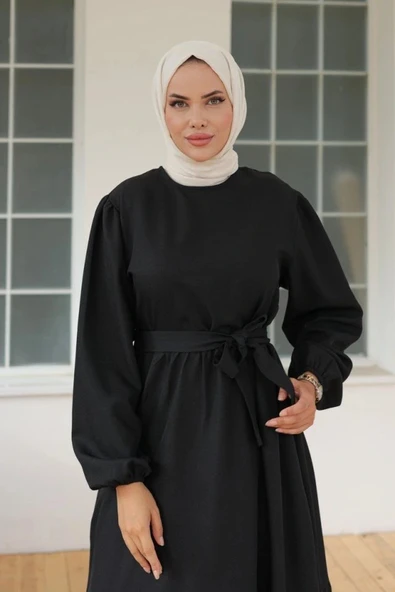 Kadın Uzun Kol Bisiklet Yaka Belden Bağlamalı Elbise ürün görseli