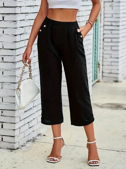 Kadın Beli Lastikli Düğme Ve Cep Detaylı Kapri Ithal Keten Pantolon - Resim 4