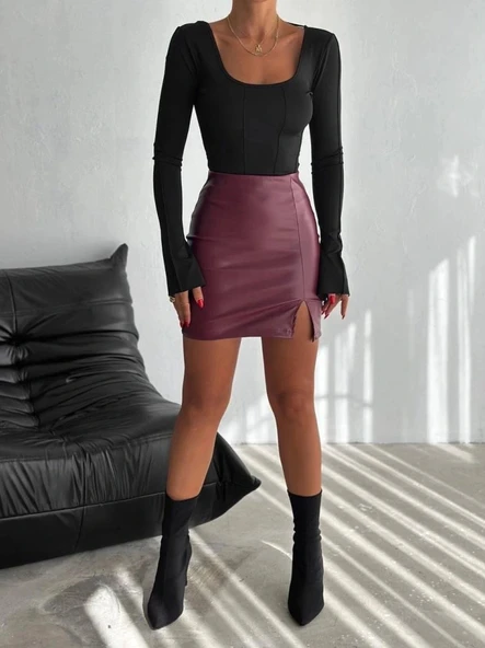 Kadın Yüksel Bel Yırtmaç Detay ini Deri Etek - Resim 2