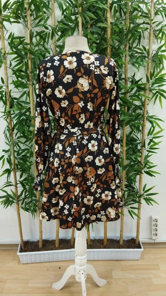 Kadın Uzun Kollu Kruvaze Yaka çiçek Desenli Dalgıç Elbise - Resim 8