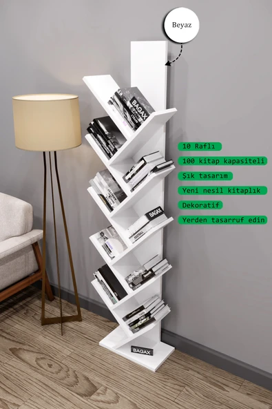 BAGAX Likya Model, Beyaz Renk, 10 Raflı Dekoratif Kitaplık - Resim 3