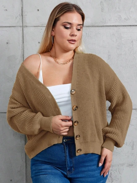 Kadın Beş Düğme Büyük Beden Triko Hırka - Resim 3