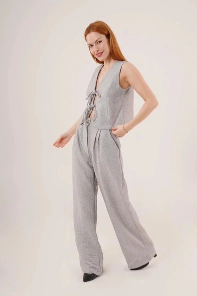 Ön Bağlama Detaylı Yelek Ve Pantolon Gri İkili Takım ürün görseli 1