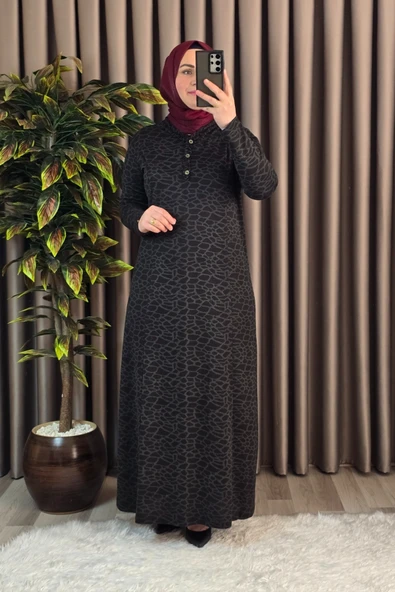 Kadın Tesettür Giyim Büyük Beden Anne Leopar Desen Elbise - Resim 5