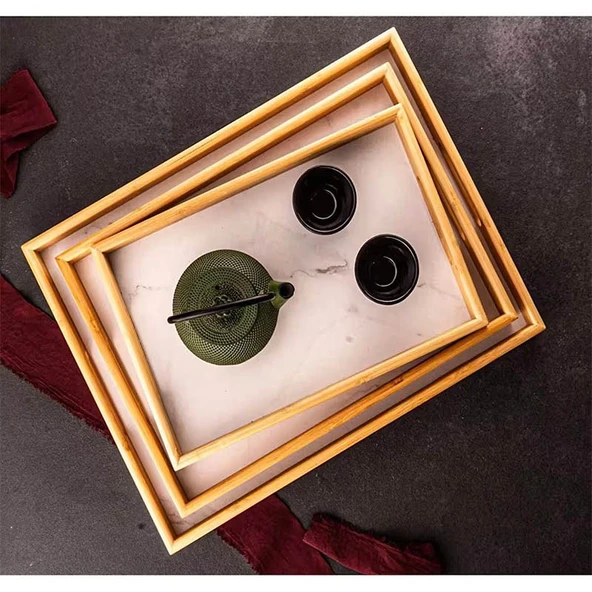 Bambum Marbella 3'lü Mermer Desen Tepsi Beyaz - Resim 4