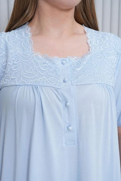 Mecit 6049 Mavi Kısa Kollu Büyük Beden Kadın Gecelik - Resim 3