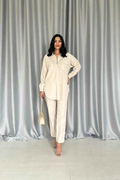 Bej Gömlek Ve Çıtçıtlı Pantolon Takım ürün görseli