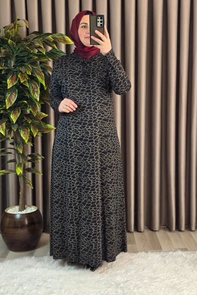 Kadın Tesettür Giyim Büyük Beden Anne Leopar Desen Elbise - Resim 7