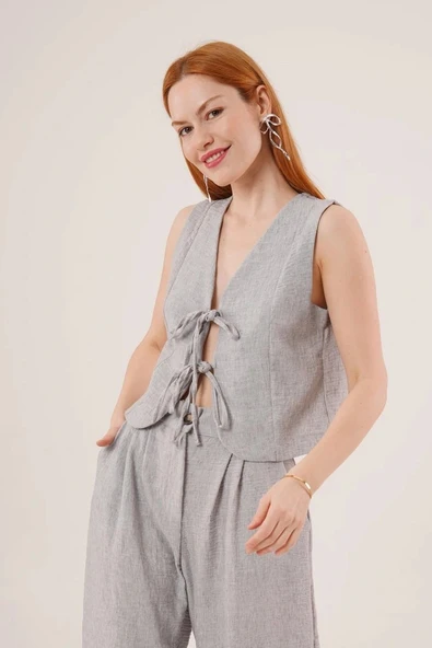 Ön Bağlama Detaylı Yelek Ve Pantolon Gri İkili Takım - Resim 4