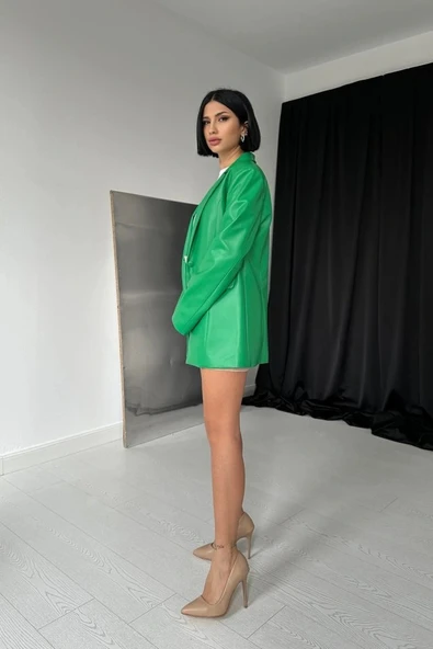 Yeşil Düğmeli Deri Ceket - Resim 2