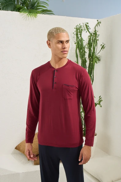 Kocabey 9220 Erkek Midi Yaka Uzun Kol Pijama Takım - Resim 2