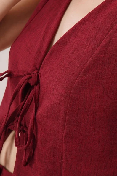 Ön Bağlama Detaylı Yelek Ve Pantolon Bordo İkili Takım - Resim 3