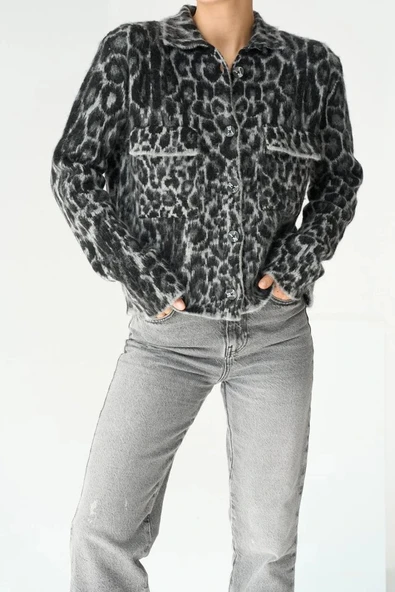 Leopar Desen Jakarlı Hırka  SiyahAçık Gri - Resim 2