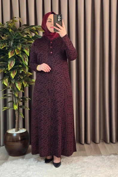 Kadın Tesettür Giyim Büyük Beden Anne Leopar Desen Elbise ürün görseli 1