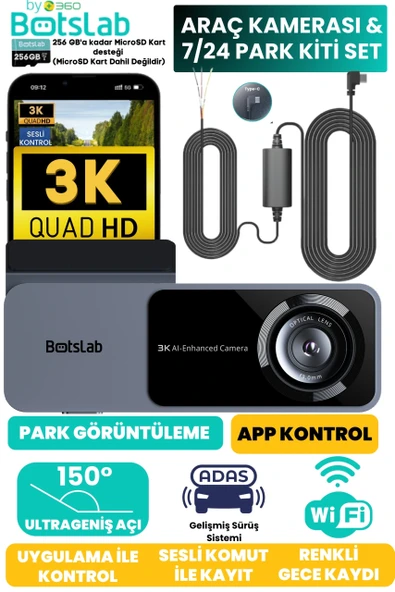 +360 Botslab Hk50 Set / 3k Qhd Wifi 150 Ultra Geniş Açı Gece Görüşlü Akıllı Araç Kamera + Park Kiti ürün görseli