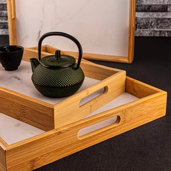 Bambum Marbella 3'lü Mermer Desen Tepsi Beyaz - Resim 3