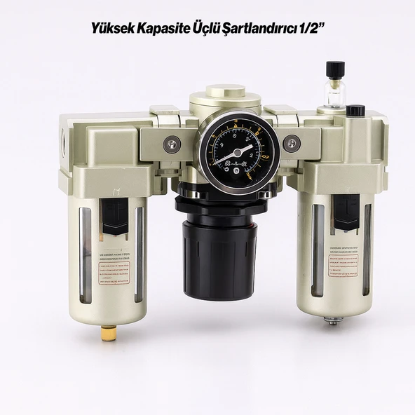 Yüksek Kapasite Üçlü Şartlandırıcı 1/2'' Pnömatik Hava Filtre Regülatör Yağlayıcı FRL Seti Kompresör - Resim 4