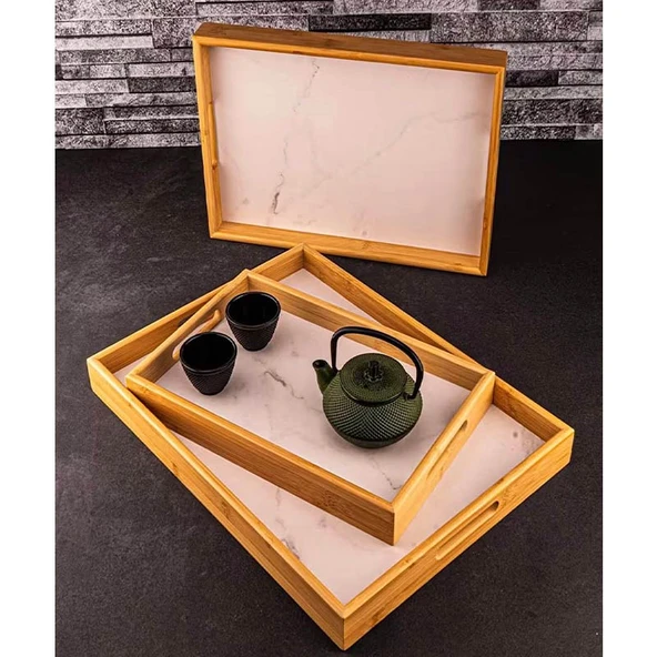 Bambum Marbella 3'lü Mermer Desen Tepsi Beyaz ürün görseli