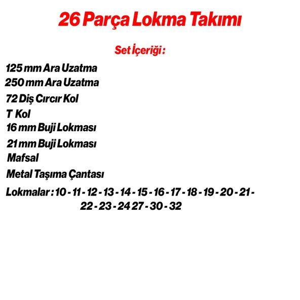 Lokma Seti 1/2" CR-V Çelik 26 Parça Profesyonel Tamir Bakım Lokma Anahtar Ucu Çok Amaçlı Set - Resim 2