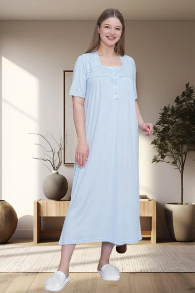 Mecit 6049 Mavi Kısa Kollu Büyük Beden Kadın Gecelik ürün görseli