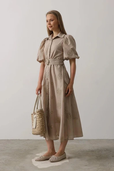 Balon Kol Kemerli Brode Elbise  Taş - Resim 2