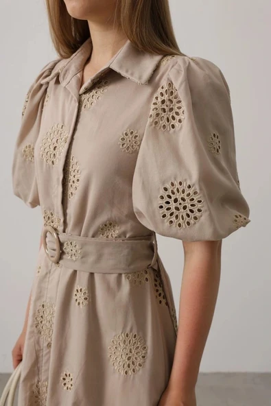 Balon Kol Kemerli Brode Elbise  Taş - Resim 4