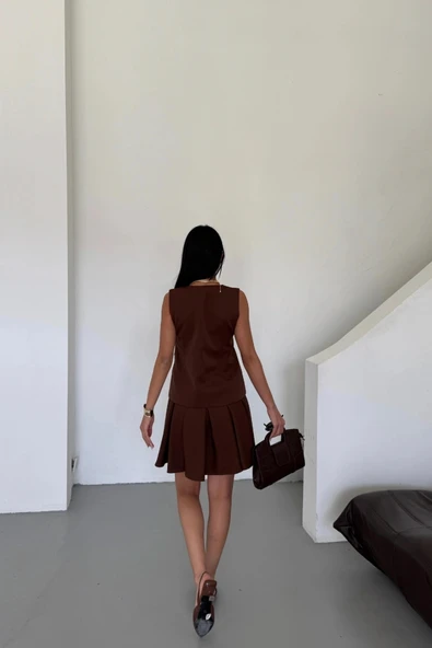 YELEK  PİLELİ ETEK GÖRÜNÜMLÜ ELBİE  Kahverengi - Resim 4