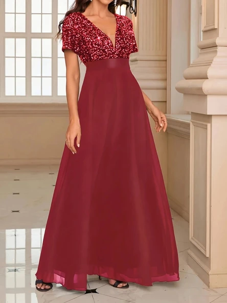 Kadın Kısa Kollu Derin V Yakalı A Kesim Pulpayet Detaylı şifon Nedime Elbisesi - Resim 5