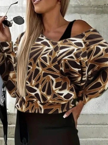 Kadın Uzun Kollu Askılı Yuvarlak Yakalı Yırtmaçlı Dalgıç Elbise Ile Yakalı Yunan Desenli Bluz Ikili Takım - Resim 2