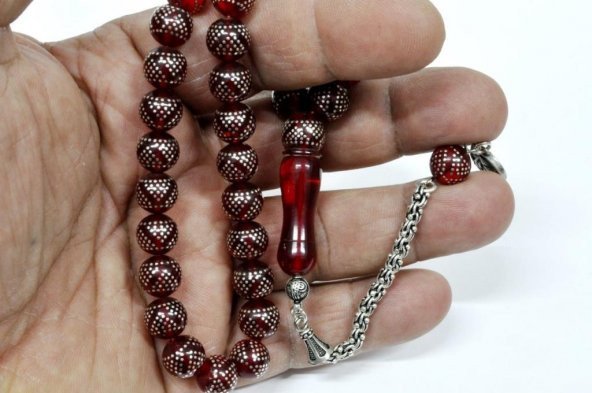 Tesbihci Dayı  Ateş Kehribar Tesbih Gümüş Çakımlı (Khr -10774) - 2