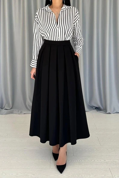 Siyah Uzun Pileli Etek - Resim 3