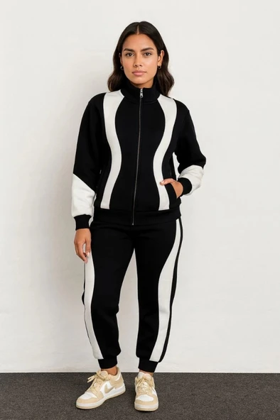 Premium Parçalı Eşofman Takım  Dik Yaka Fermuarlı weatshirt  iyah - Resim 4