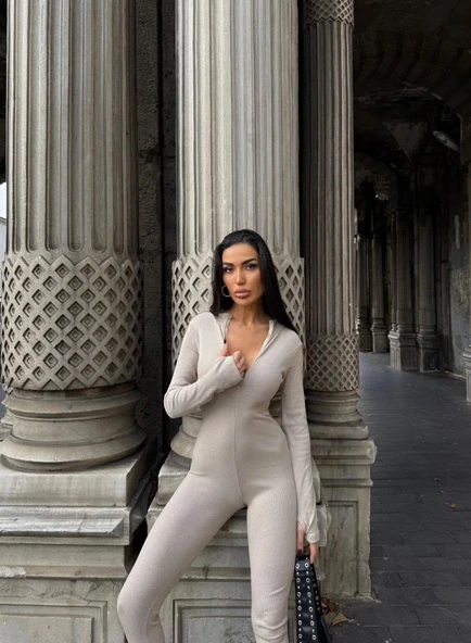 Kadın Kaşkorse Kumaş Fermuar Detaylı Tulum - Resim 2