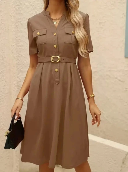 Kadın Kısa Kollu Düğmeli Ve Kemerli Atlas Elbise - Resim 5