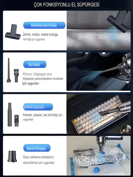 17000PA 100W Araç Süpürgesi LED Ekranlı, Ev Ofis Araba İçin El Süpürgesi Hepa Filtreli - Resim 2