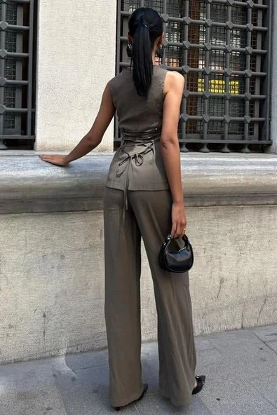 Arkası Bağcıklı Yelek Plazza Pantolon Modal Takım 1020208 - Resim 4