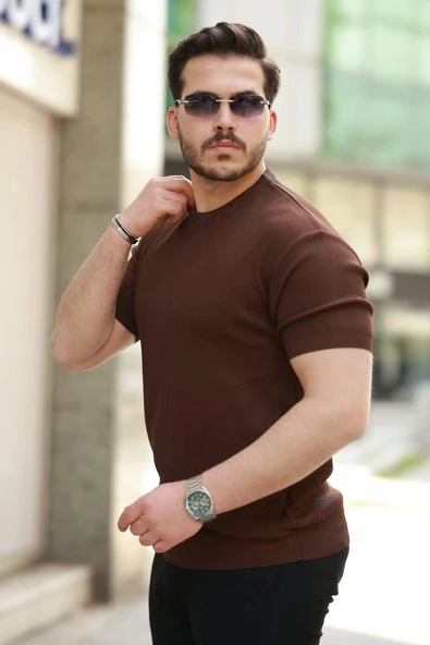 Erkek Bisiklet Yaka Jakarlı Kısa Kollu Tshirt - Resim 2