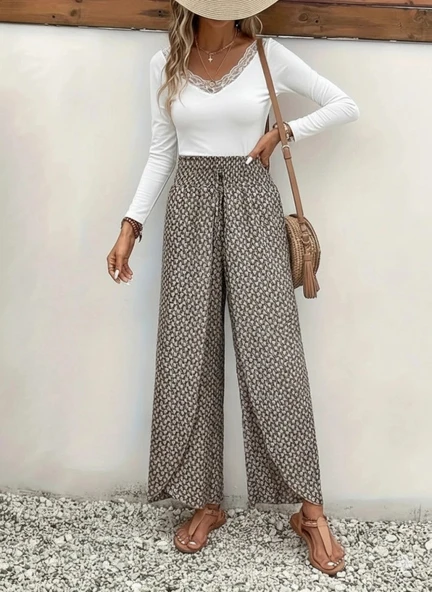 Kadın Yüksek Bel Lastikli önden Iki Parçalı Desenli Bürümcük Pantolon ürün görseli 1