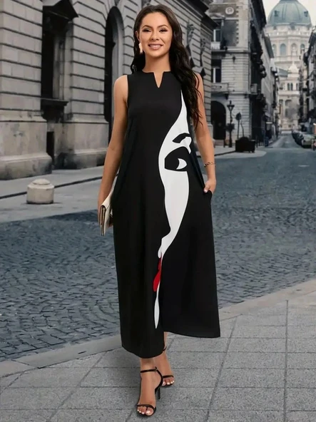 Kadın Sıfır Kol V Yakalı Kadın Yüz Desenli Süprem Elbise - Resim 3