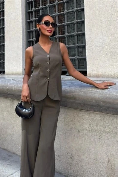 Arkası Bağcıklı Yelek Plazza Pantolon Modal Takım 1020208 - Resim 6