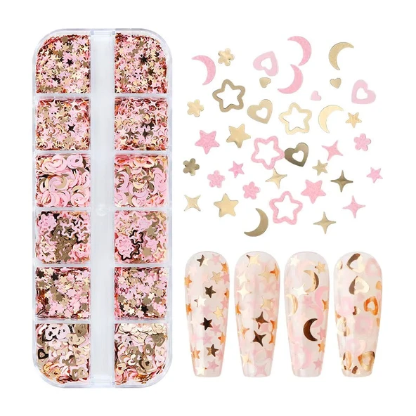 Pembe ve Gold Tırnak Süsleme Folyo Pulları Karışık Dizayn Ay Yıldız Kalp Nail Art ürün görseli
