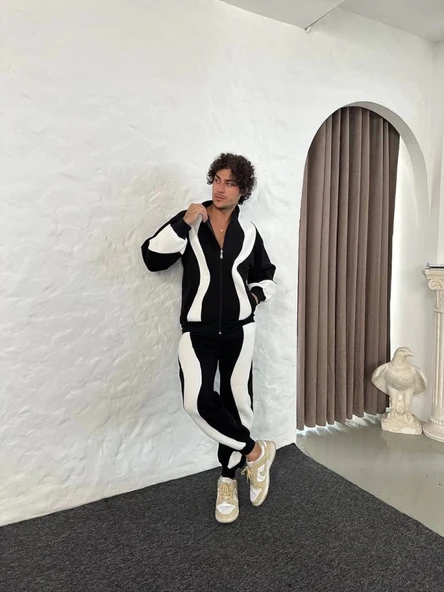 Erkek Premium Parçalı Eşofman Takım  Dik Yaka Fermuarlı weatshirt,  iyah - Resim 2