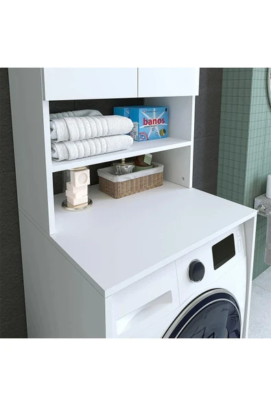 AZZURİ Furniture Çamaşır Makinesi Dolabı 3 Gözlü Kapaklı Banyo Dolabı Beyaz - Resim 3