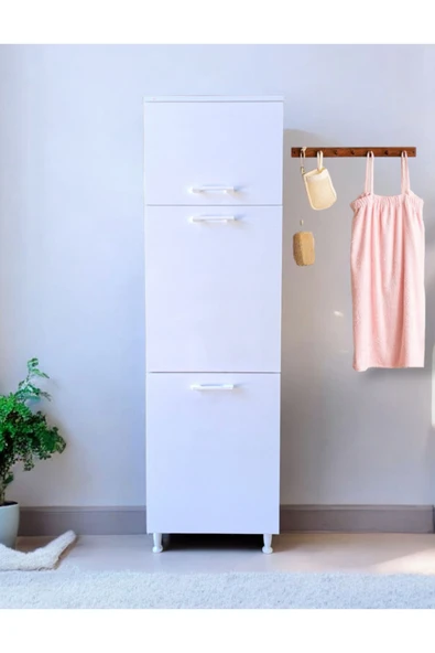 AZZURİ Furniture Çamaşır Sepetli Banyo Dolabı 2 Sepetli Çok Amaçlı Dolap Beyaz - Resim 3