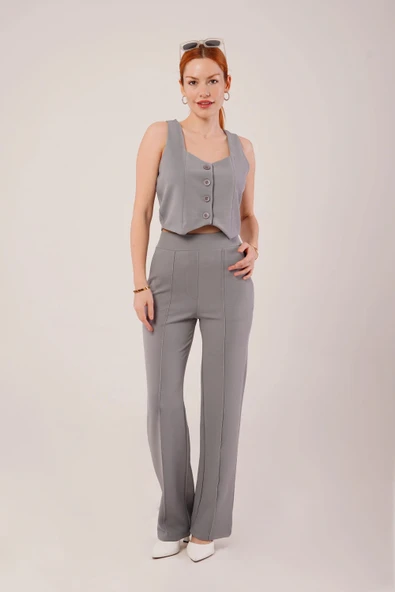 Kalın Askılı Düğmeli Yelek Ve Pantolon Gri Takım ürün görseli