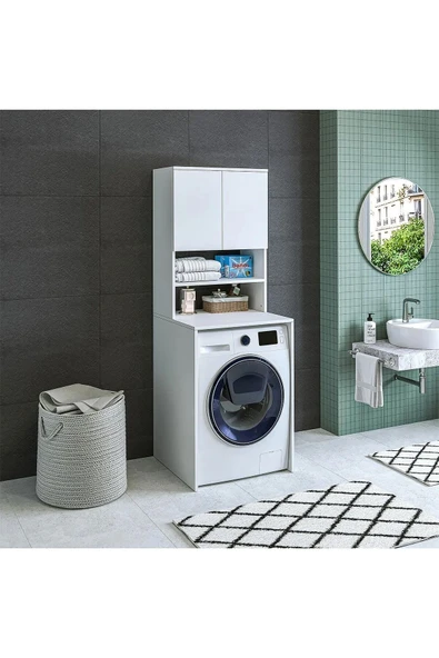 AZZURİ Furniture Çamaşır Makinesi Dolabı 3 Gözlü Kapaklı Banyo Dolabı Beyaz ürün görseli