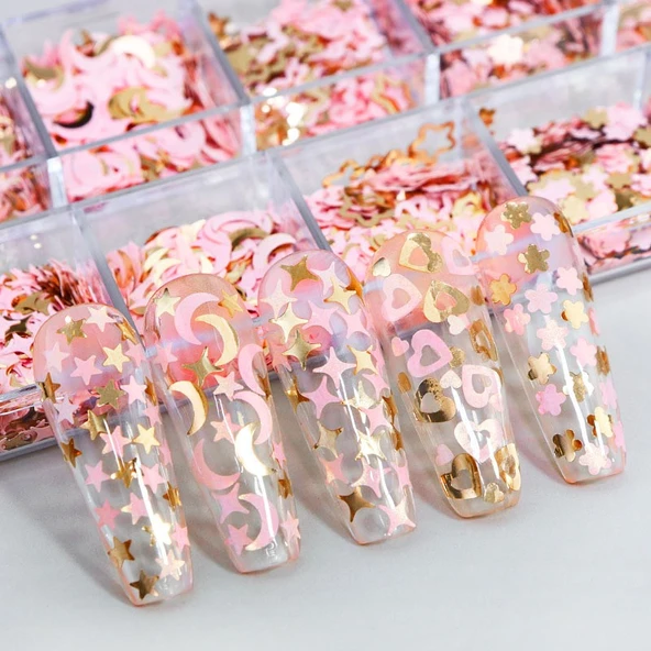 Pembe ve Gold Tırnak Süsleme Folyo Pulları Karışık Dizayn Ay Yıldız Kalp Nail Art - Resim 2