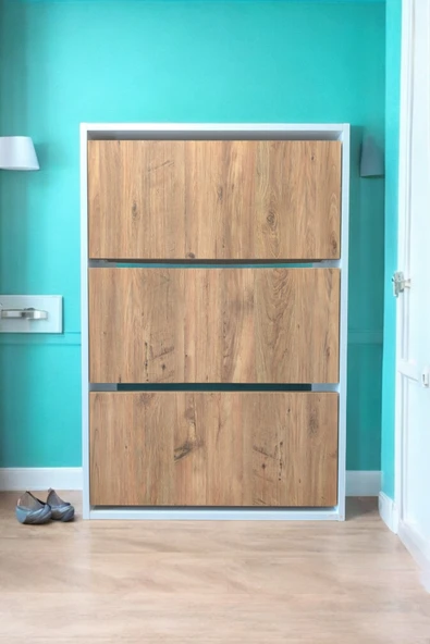 AZZURİ Aylin Düşer 3 Kapaklı 6 Gözlü Beyaz Duvara Monte Edilebilir Ayakkabılık Meşe ürün görseli 1