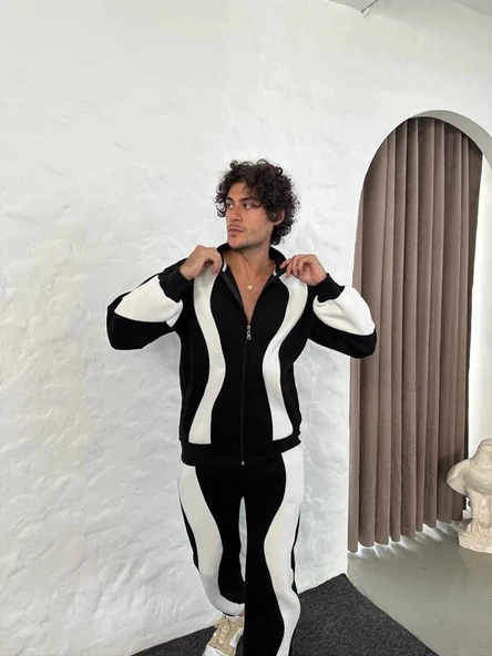 Erkek Premium Parçalı Eşofman Takım  Dik Yaka Fermuarlı weatshirt,  iyah - Resim 3